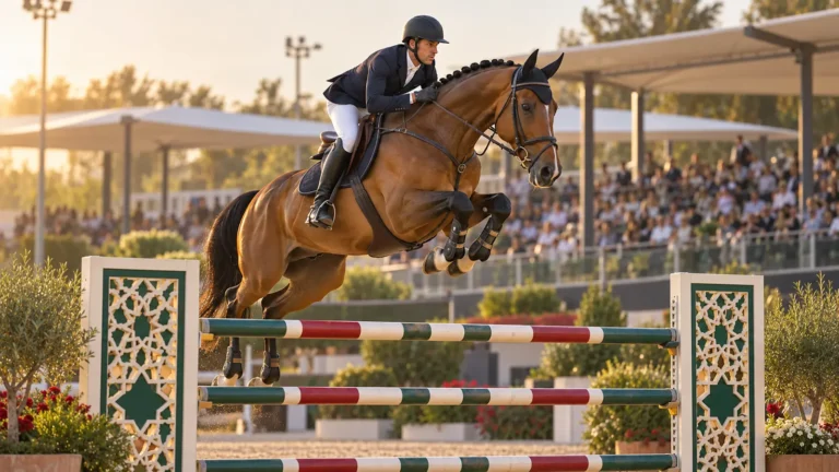 Cheval franchissant un obstacle lors du Morocco Royal Tour 2026