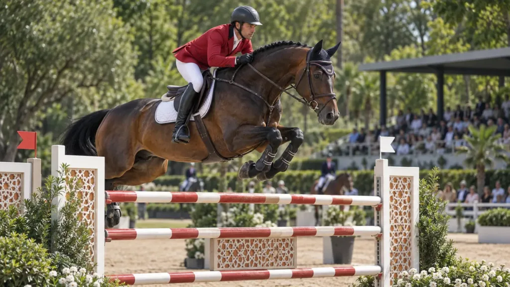 Morocco Royal Tour 2026 : dates, programme et nouveautés 3 Cheval franchissant un obstacle lors de la Coupe des Nations à Rabat au Morocco Royal Tour 2026