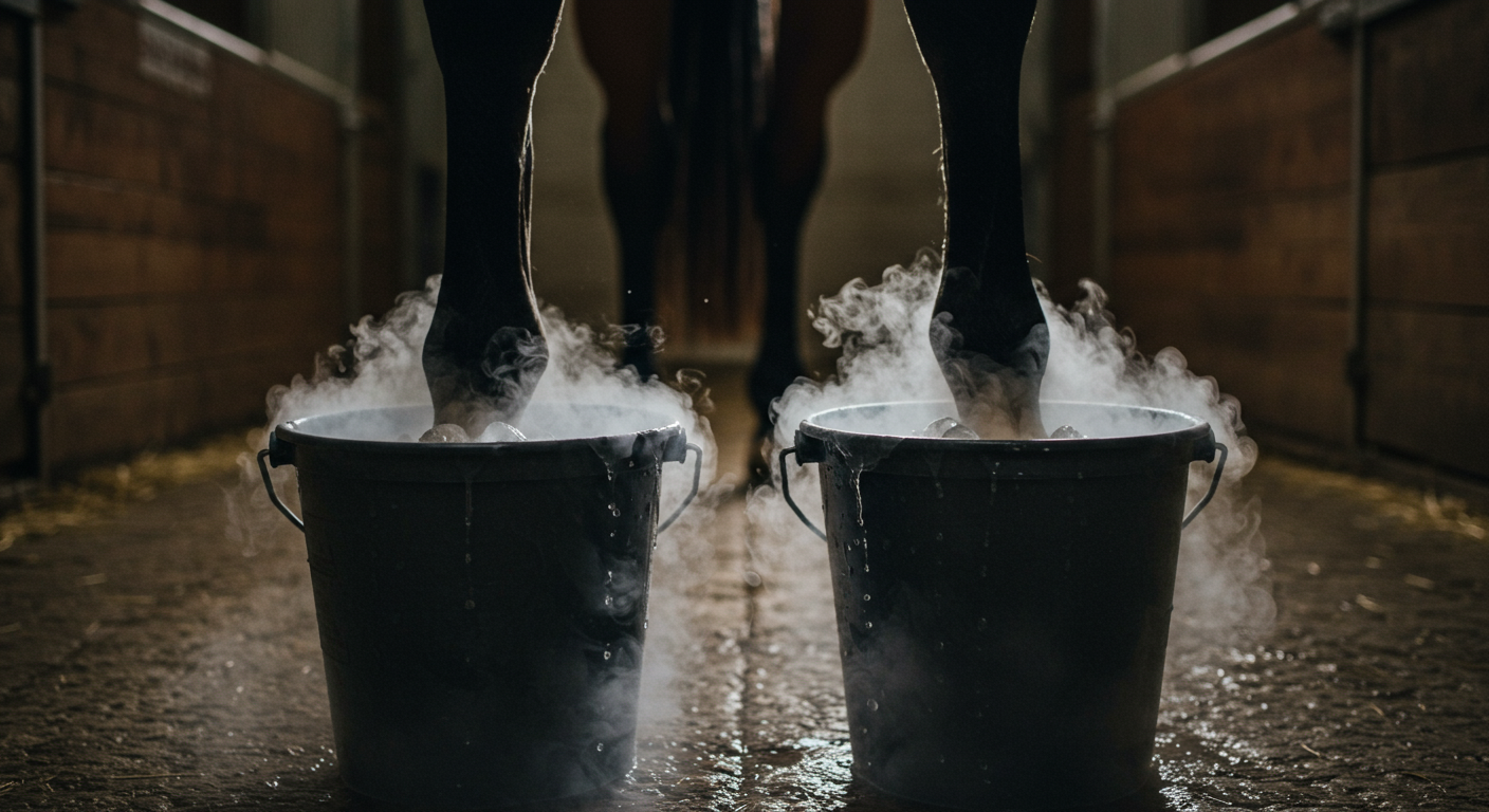 Refroidissement des pieds d’un cheval sous surveillance vétérinaire en cas de suspicion de fourbure