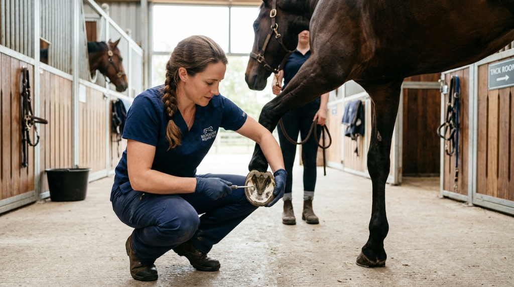 Vétérinaire examinant le pied d’un cheval suspect de fourbure