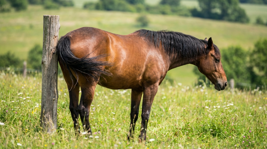 Prévenir la dermite estivale chez le cheval : gestes simples et erreurs à éviter 2 Cheval qui se gratte la base de la queue, signe possible de dermite estivale