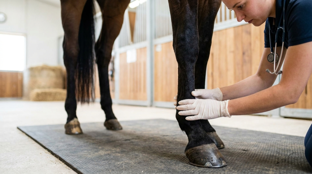 Symptômes de la fourbure chez le cheval : les signes qui doivent vous alerter 2 Contrôle du pouls digité chez un cheval suspect de fourbure