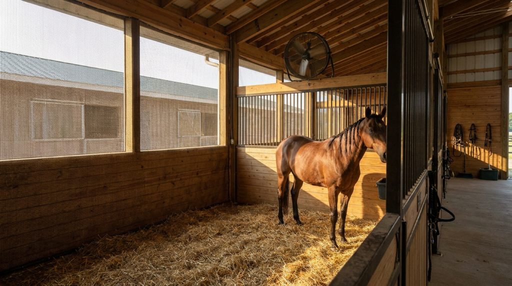 Prévenir la dermite estivale chez le cheval : gestes simples et erreurs à éviter 3 Écurie ventilée pour limiter l’exposition du cheval aux moucherons responsables de la dermite