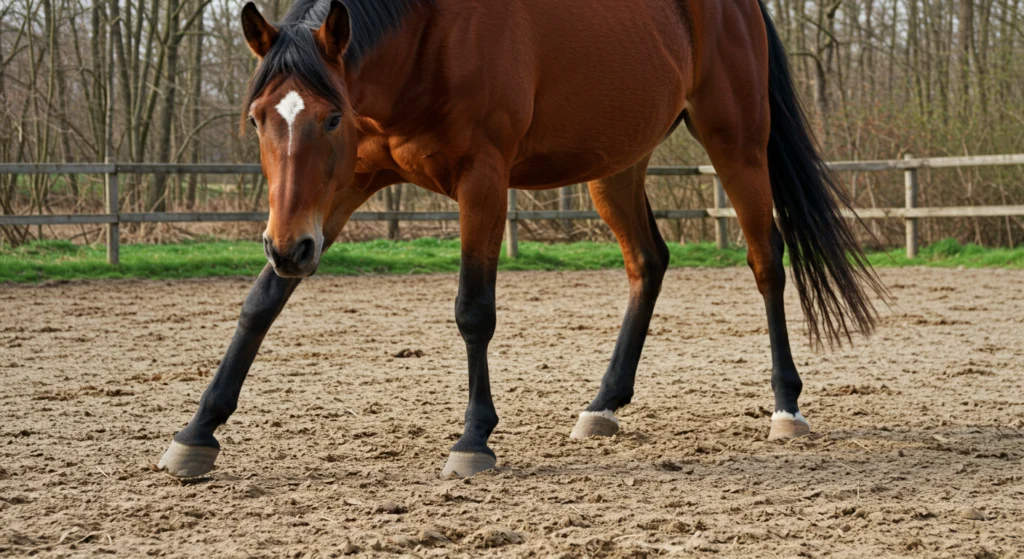 Cheval en posture antalgique cherchant à soulager ses antérieurs lors de fourbure