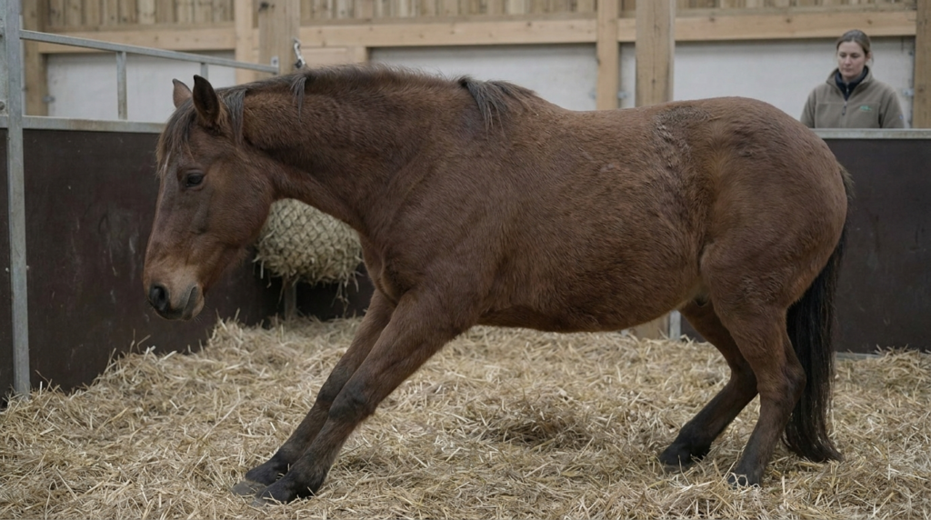 Symptômes de la fourbure chez le cheval : les signes qui doivent vous alerter 3 Symptômes fourbure cheval avec posture antalgique et antérieurs avancés