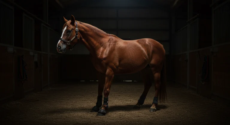 Symptômes fourbure cheval avec posture antalgique et antérieurs avancés