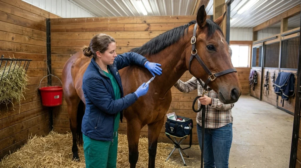 Traitement de la fourbure chez le cheval : étapes, soins et suivi 2 Vétérinaire préparant la prise en charge de la douleur chez un cheval fourbu