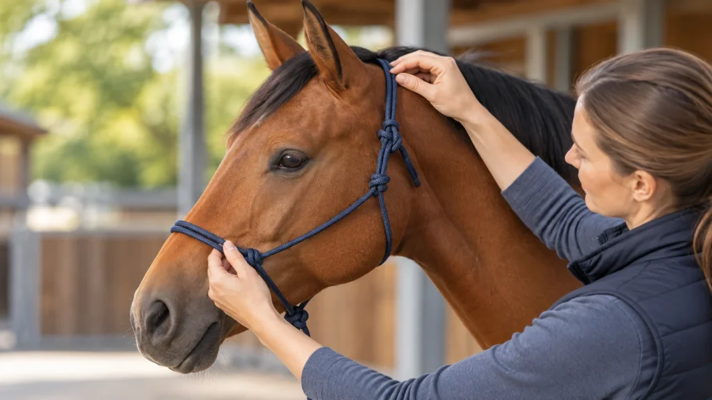 un cheval portant un licol en corde correctement ajusté, avec un contrôle de la muserolle et des montants