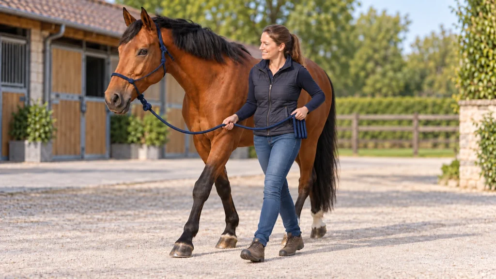 Cheval conduit en main avec un licol en corde et une longe correctement tenue