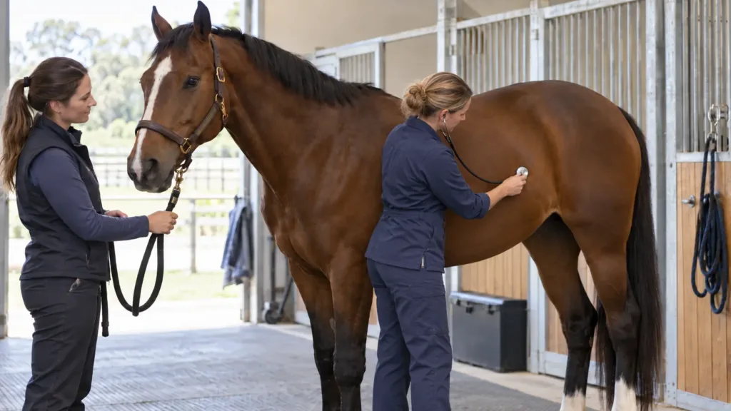Examen vétérinaire d’un cheval avec auscultation du flanc lors de coliques