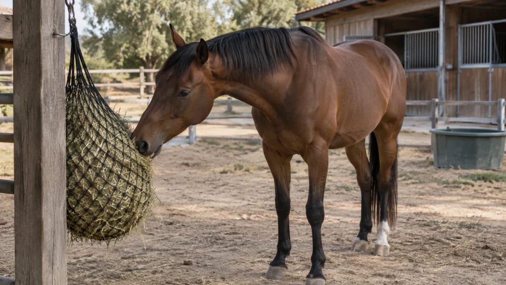 Scovella chez le cheval : un nouveau traitement de l’hyperinsulinémie commercialisé en Grande-Bretagne 3 Cheval recevant du foin dans un filet à petites mailles