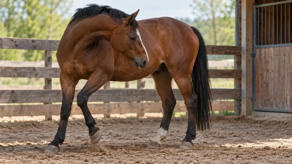 Observé au paddock pour repérer les premiers signes de coliques chez le cheval
