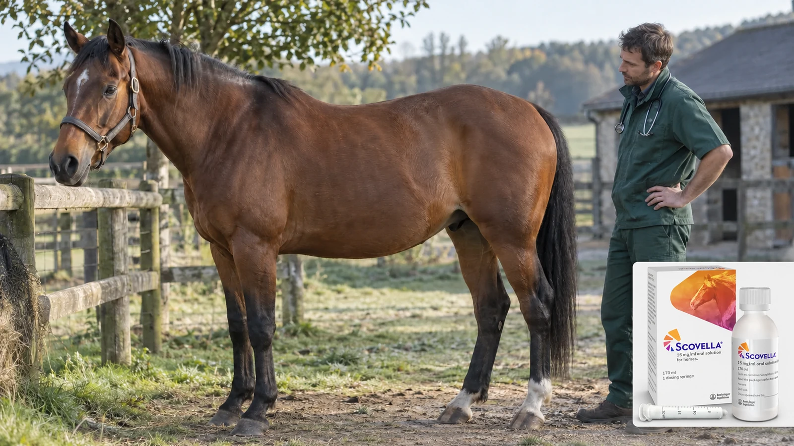 Scovella chez le cheval avec un vétérinaire évaluant son état corporel