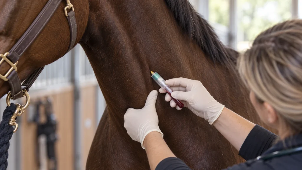 Scovella chez le cheval : un nouveau traitement de l’hyperinsulinémie commercialisé en Grande-Bretagne 4 Scovella chez le cheval : prélèvement sanguin jugulaire pour le suivi métabolique