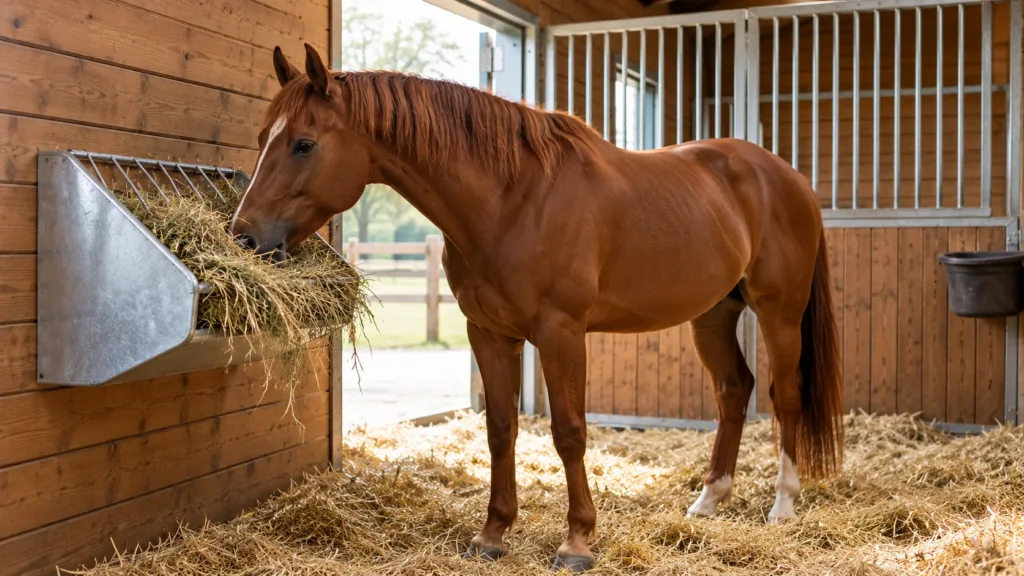 Maladie de Cushing chez le cheval (PPID) : symptômes, diagnostic et traitement 4 Cheval alezan mangeant du foin dans son box, illustration de l'alimentation adaptée d'un cheval atteint de Cushing
