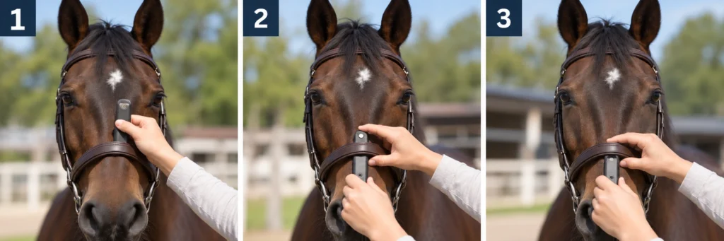 Contrôle du serrage de la muserolle du cheval à l’aide du dispositif FEI, illustré en trois étapes