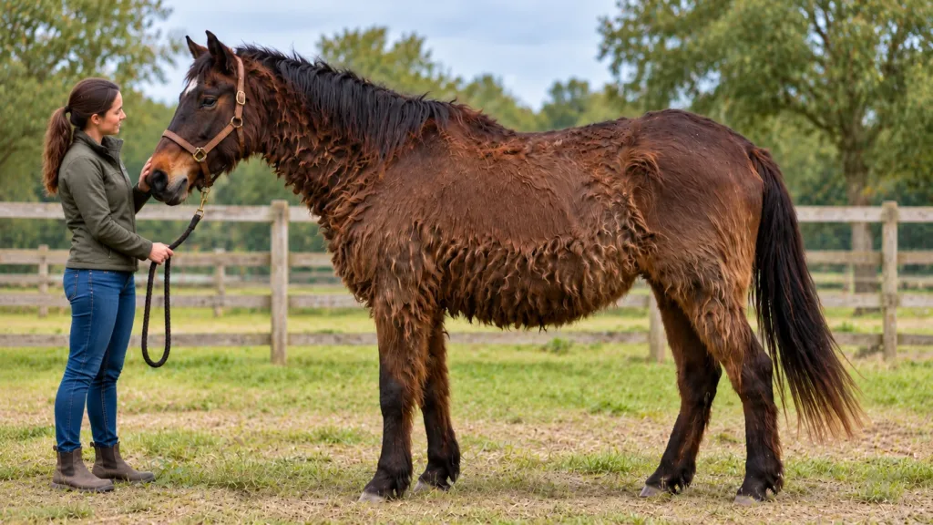 Maladie de Cushing chez le cheval (PPID) : symptômes, diagnostic et traitement 2 Cushing cheval : cheval âgé au pelage hirsute et ondulé dans un paddock, évocateur du PPID
