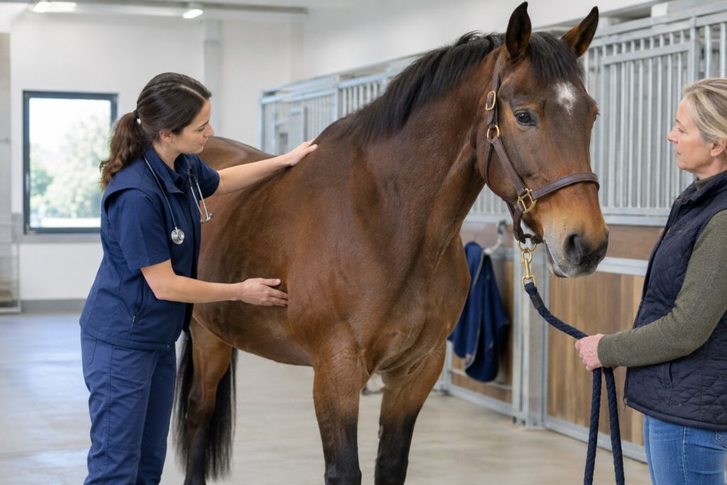 Maladie de Cushing chez le cheval (PPID) : symptômes, diagnostic et traitement 3 Vétérinaire examinant un cheval senior pour rechercher les signes du syndrome de Cushing