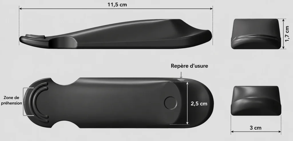 Dispositif de mesure FEI utilisé pour vérifier le serrage de la muserolle du cheval, avec ses dimensions