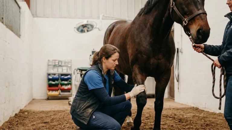 Vétérinaire examinant un cheval dans le contexte de l’alerte HYCOAT cheval
