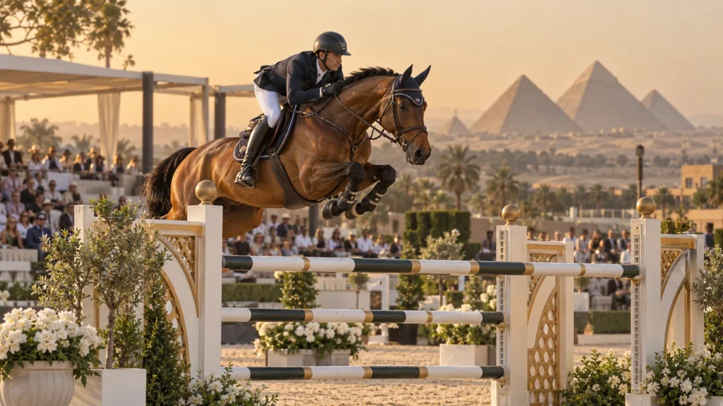 Concours de saut d’obstacles au Caire avec les pyramides de Gizeh