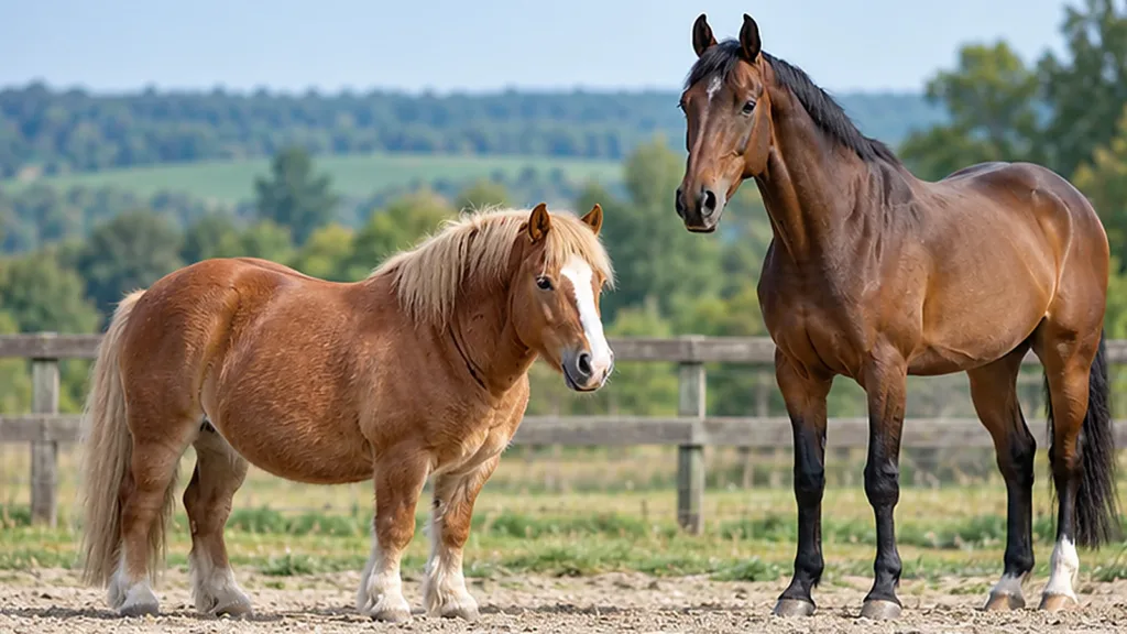 Deux équidés de morphologies différentes, un poney en surpoids et un cheval de sport, dans un paddock.