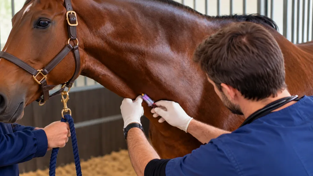 SME cheval : symptômes, diagnostic et traitement du syndrome métabolique équin 3 Vétérinaire effectuant un prélèvement sanguin sur un cheval pour un bilan métabolique